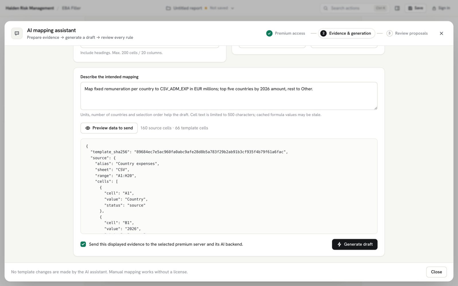 AI assistant: preview of the data to send and the consent box