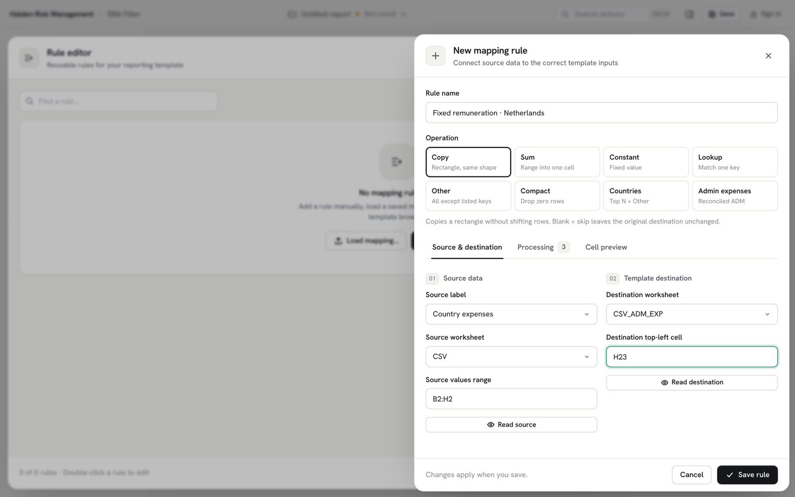 Rule editor with operation, source and destination