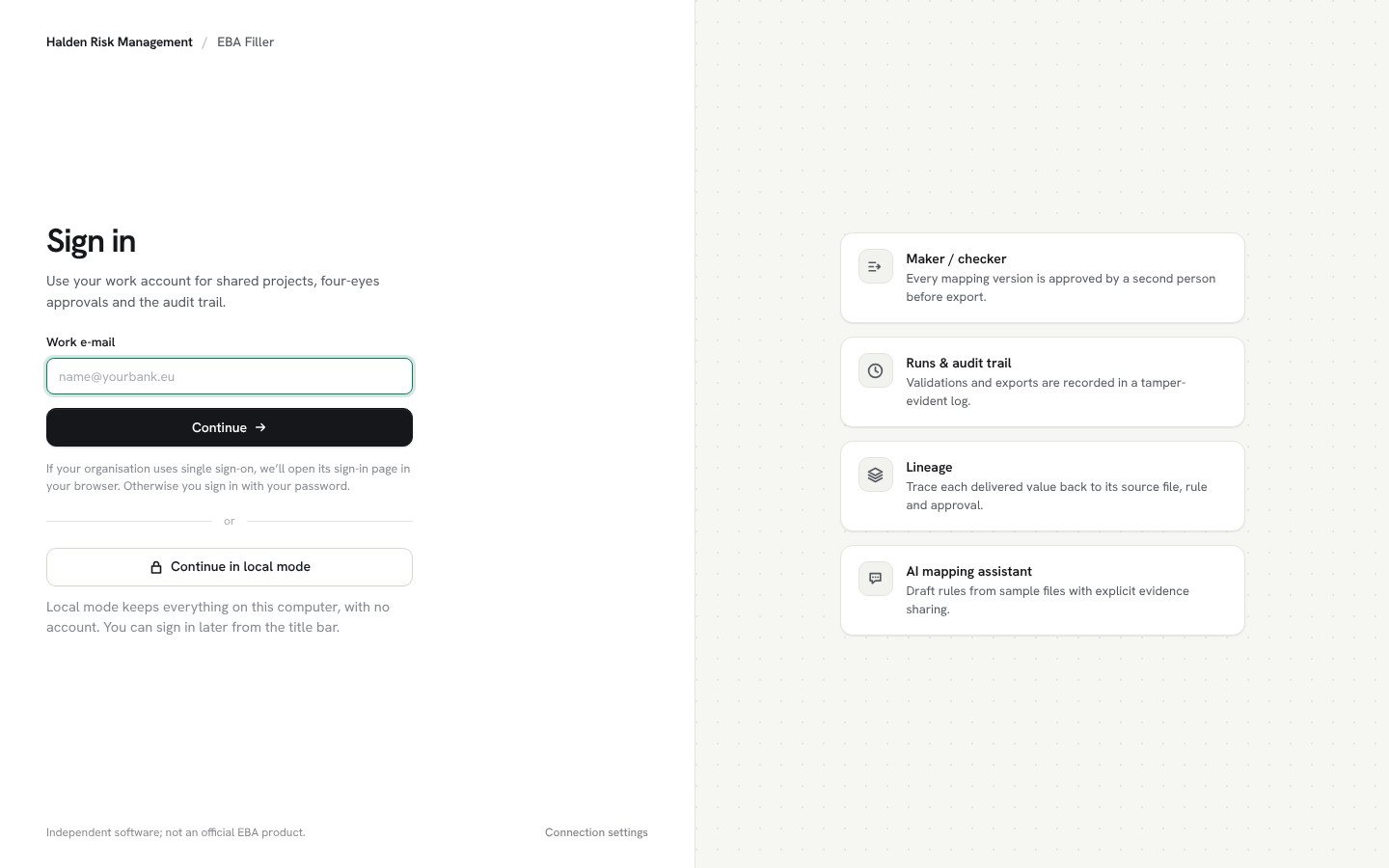 Sign-in screen with work e-mail and local mode