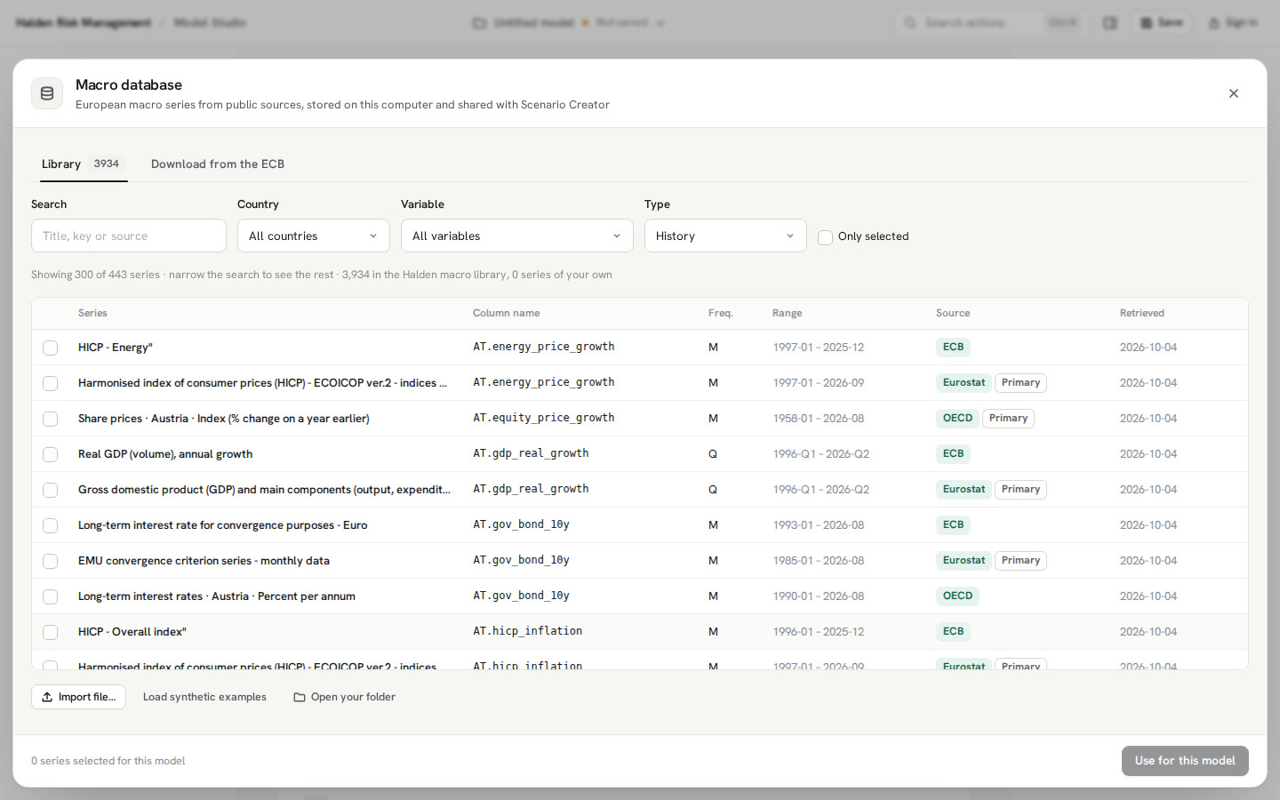 Macro database in Model Studio: series per country and variable with frequency, range, source and retrieval date