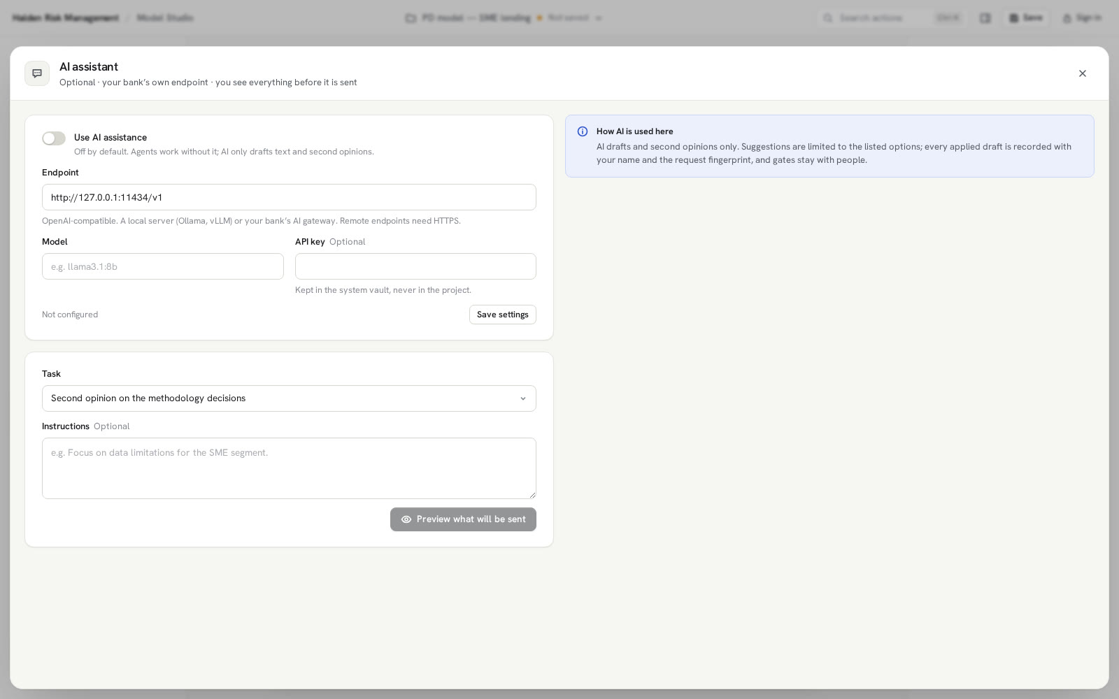 AI assistant settings: off by default, the bank's own endpoint, and a preview of what will be sent