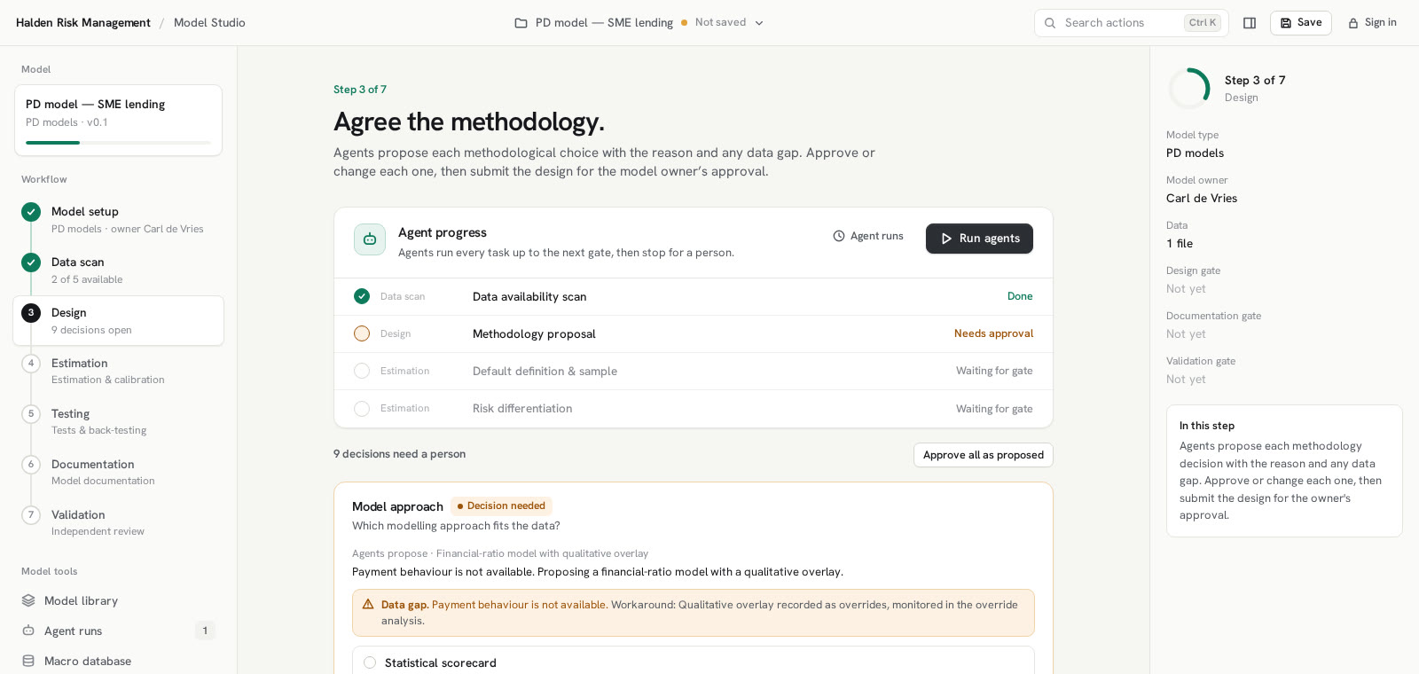 Design step: agent progress and the methodology decisions waiting for a person