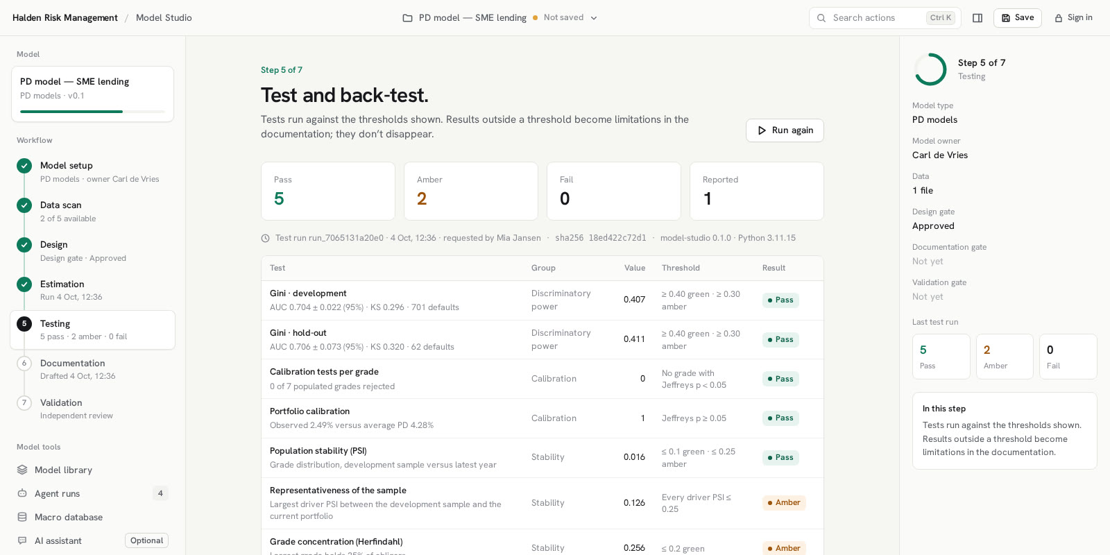 Testing step: test results with values, thresholds and pass or amber status