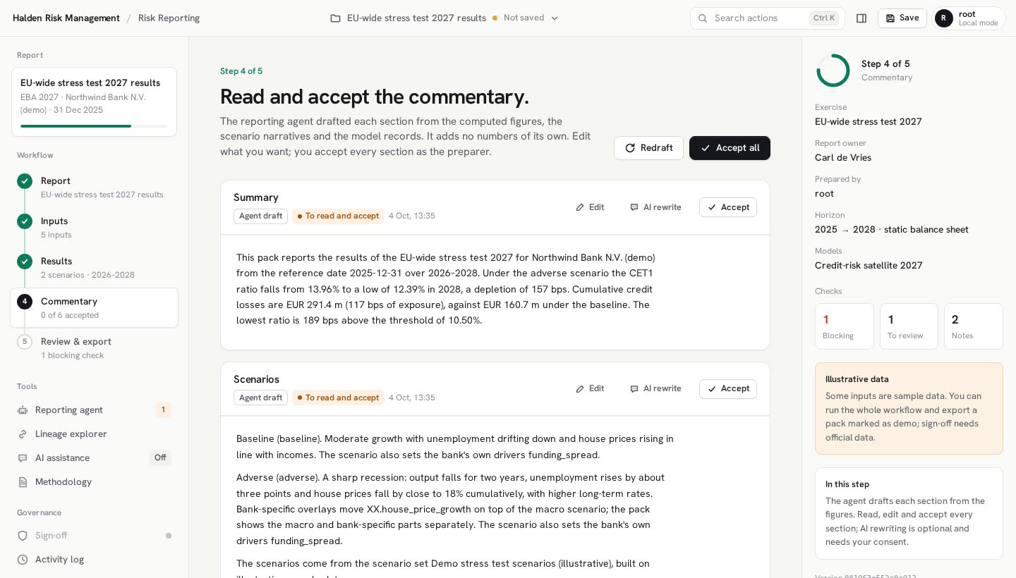 Commentary step: agent-drafted summary and scenario sections, each waiting to be read and accepted