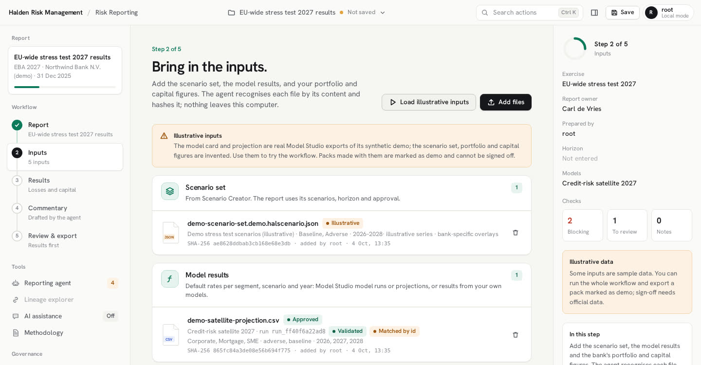 Inputs step: a scenario set, a model run and its model card, each with its hash and approval status