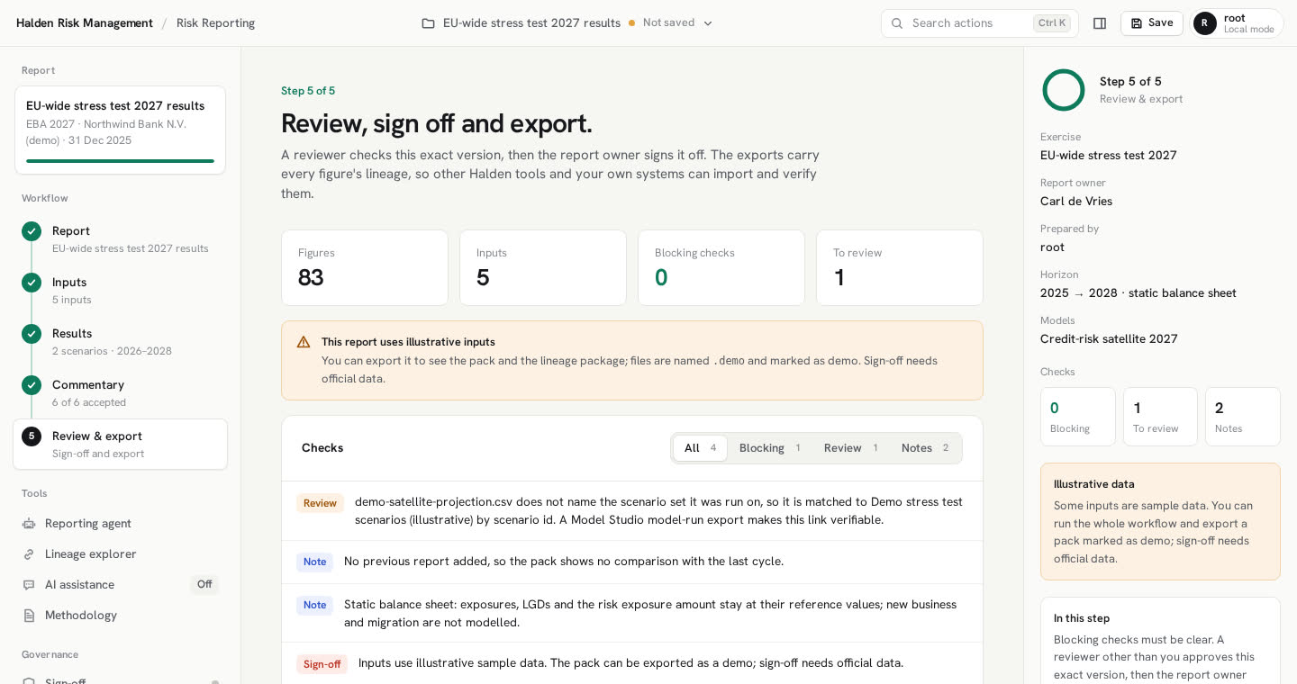 Review and export step: figures, inputs and checks, with the note that illustrative inputs can be exported as a demo but not signed off