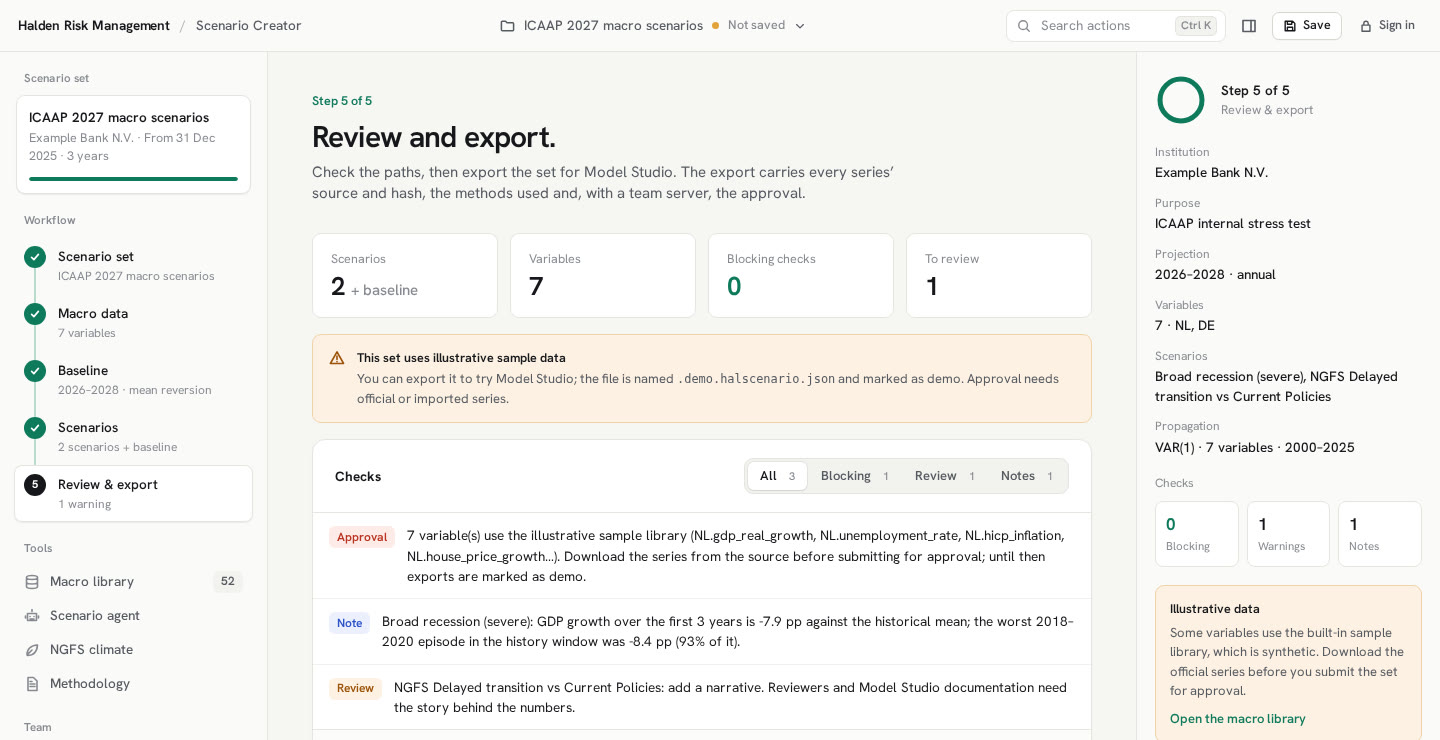Review and export step: checks with blocking, review and note findings